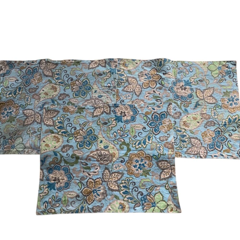 Set of 3 Cotton Placemats Blue Green Tan Floral